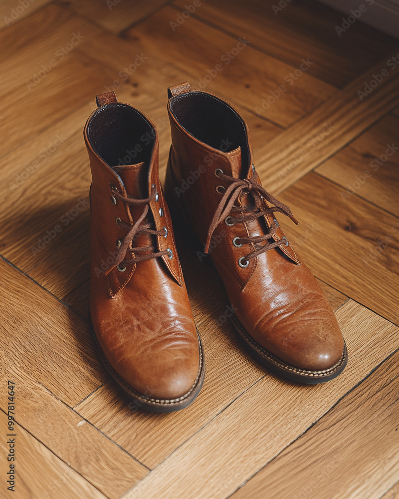 brown leather boots on wooden floor - top view brown leather boots on wooden floor - top view