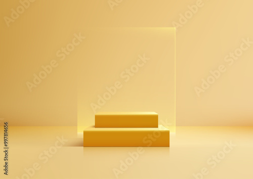 Minimalist 3D Yellow Podium with Transparent Glass Panel, Perfect for Modern Product Display, Mockup, and Showroom Showcase