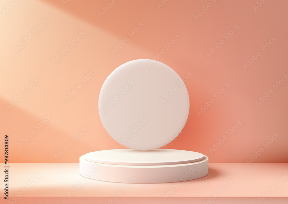 Minimalist White Circular Podium on Peach Background with Warm Sunlight, Perfect for Product Display, Mockup, or Showroom Showcase Minimalist White Circular Podium on Peach Background with Warm Sunlight, Perfect for Product Display, Mockup, or Showroom Showcase