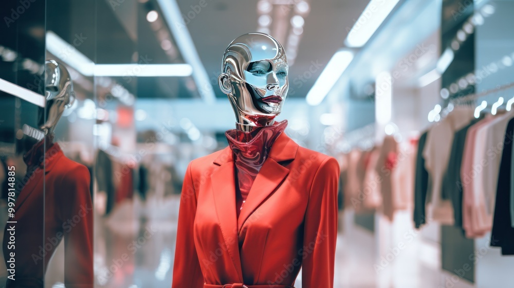 Fashionable clothing mannequins in shopping malls Its reflection is perfectly reflected on the shiny surface. Fashionable clothing mannequins in shopping malls Its reflection is perfectly reflected on the shiny surface.