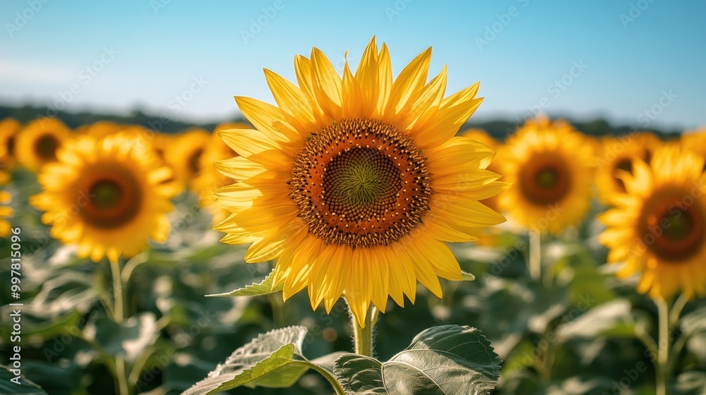 Bright sunflower standing tall against blue sky, beauty. Bright sunflower standing tall against blue sky, beauty.