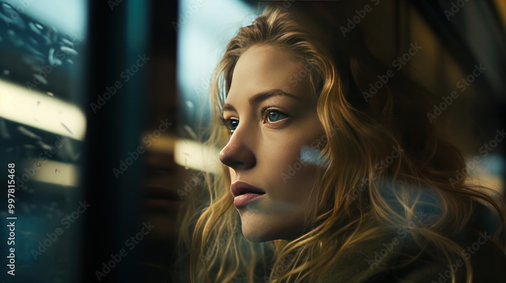 Close-up of a woman looking through a train window enjoying the journey. Close-up of a woman looking through a train window enjoying the journey.
