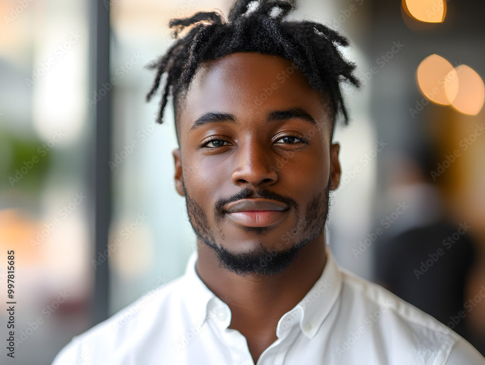 Confident Young Black Man in Stylish Business Attire Smiling Against a Modern Urban Background