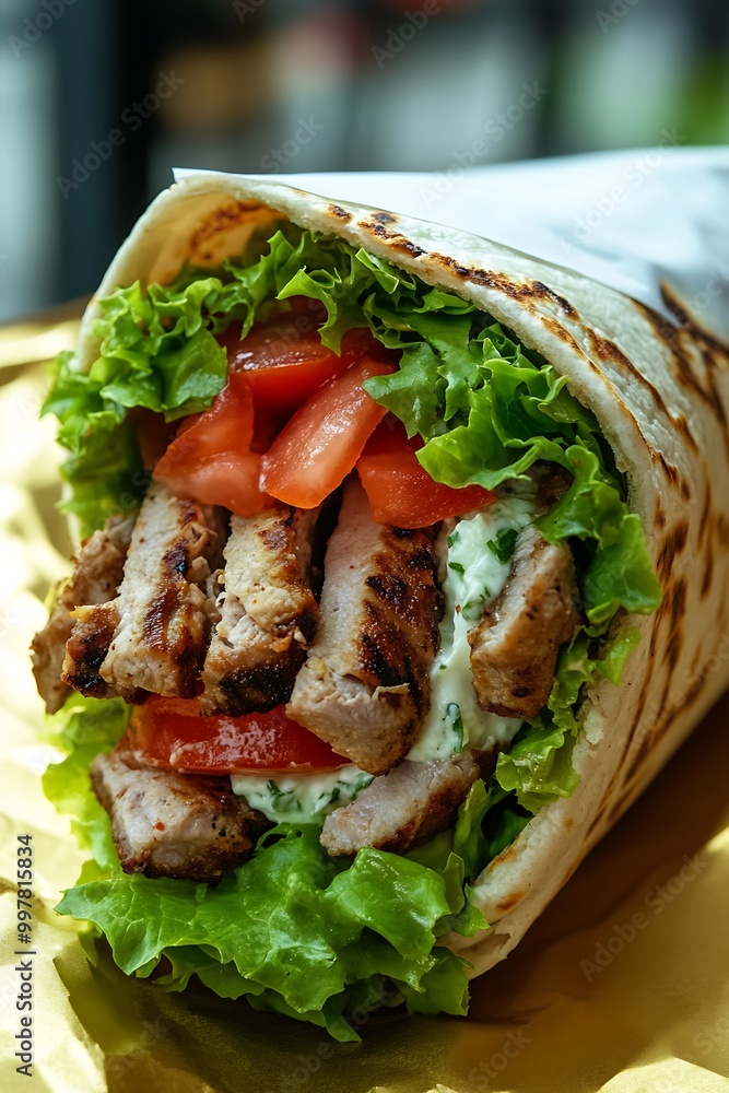 Close-up of a Delicious Grilled Chicken Wrap with Fresh Lettuce and Tomatoes. Close-up of a Delicious Grilled Chicken Wrap with Fresh Lettuce and Tomatoes.