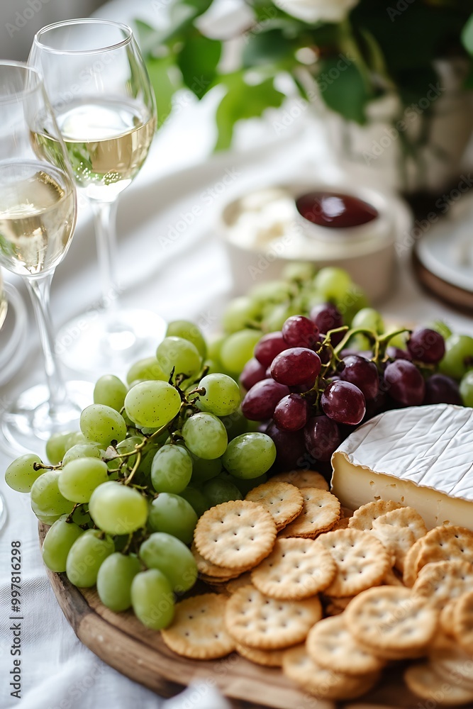 Brie Cheese, Crackers, Grapes, and Wine for a Casual Dinner Party. Brie Cheese, Crackers, Grapes, and Wine for a Casual Dinner Party.