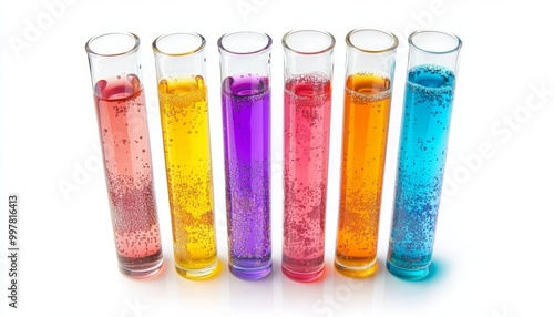 test tubes with different colored liquids on white background