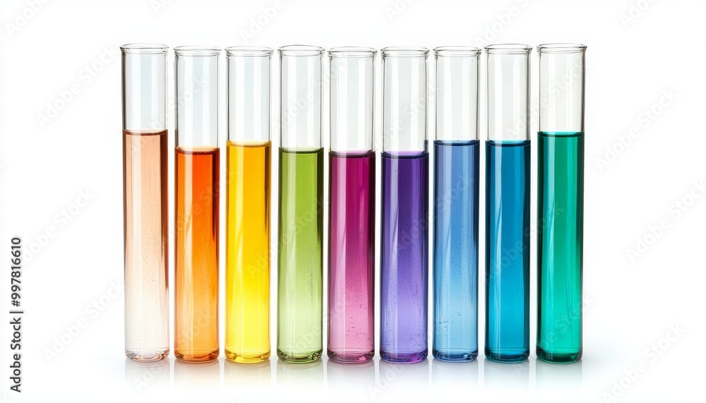 test tubes with different colored liquids on white background test tubes with different colored liquids on white background