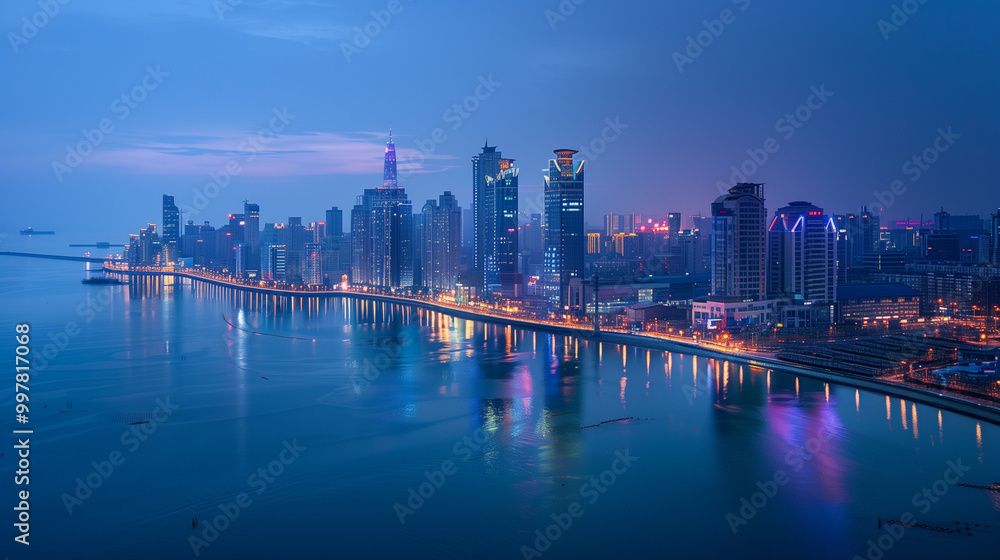 Fototapeta premium Seaside City Nightscape Under the Sunset