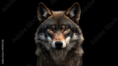 A close-up portrait of a wolf staring directly at the camera against a black background.