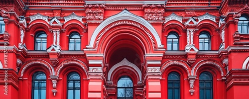 The striking architecture of the State Historical Museum in Moscow, with its deep red facade and intricate detailing