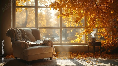 A plush armchair beside a wide reading room window, an open book on the chair and a steaming hot drink on the side table, framed by a tree shedding its golden leaves. photo