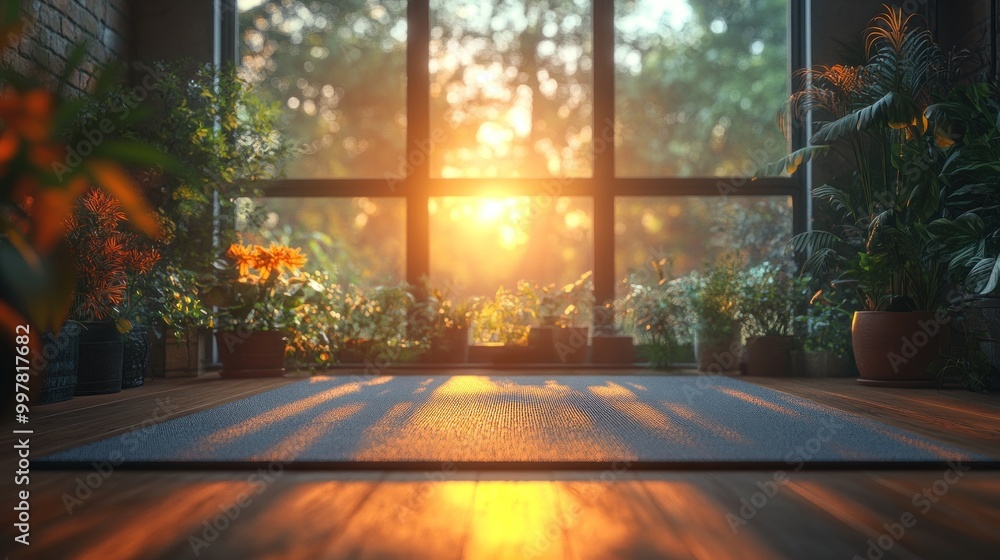 A serene indoor space with plants and sunlight streaming in. A serene indoor space with plants and sunlight streaming in.