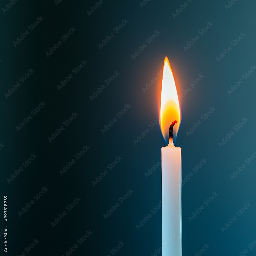 A single white candle burns brightly against a dark background. The flame flickers, casting a soft glow. A single white candle burns brightly against a dark background. The flame flickers, casting a soft glow.