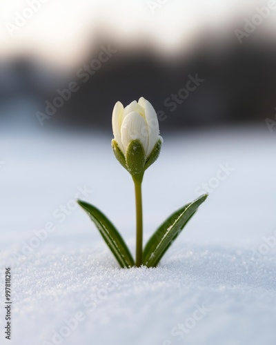 A single white flower blooms through the snow, symbolizing resilience and hope. photo