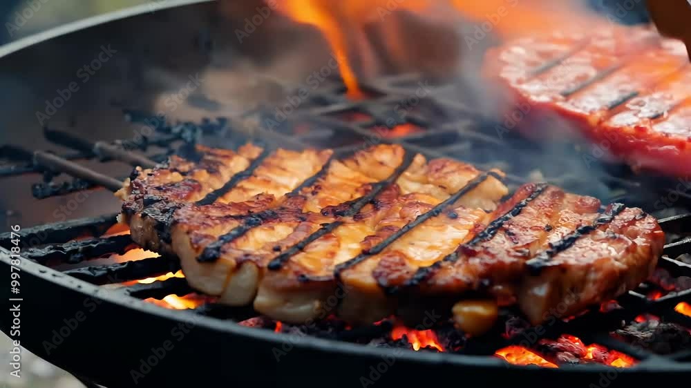 Flames glowing coals transform ingredients steaks sausages culinary masterpieces grill captured closeup 4K video highlights art grilling outdoor Flames glowing coals transform ingredients steaks sausages culinary masterpieces grill captured closeup 4K video highlights art grilling outdoor