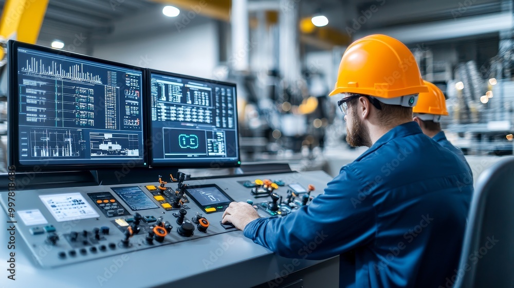 An engineer monitoring control panels with screens and machinery in a modern industrial environment. An engineer monitoring control panels with screens and machinery in a modern industrial environment.