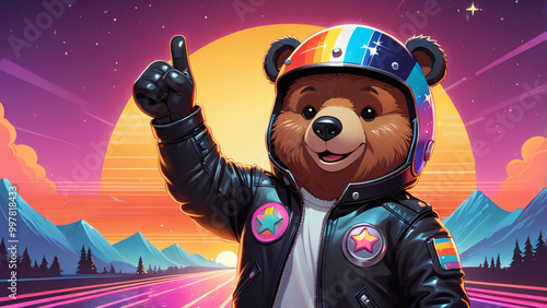 Adorable Cartoon Bear in Leather Jacket - Cute Character Design with Futuristic Background