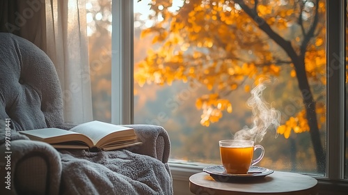 A plush armchair facing a large window, with an open book on the armrest and a steaming cup of hot tea beside it, overlooking a tree shedding its golden autumn leaves. photo