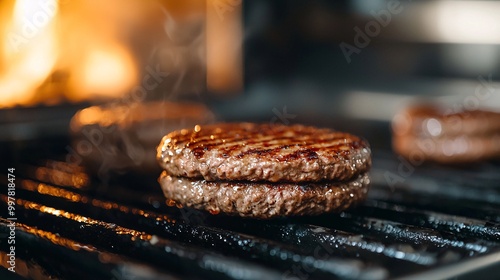 Juicy hamburger patties sizzling on a grill, showcasing perfect grill marks and steam rising, signaling a delicious cooking process.