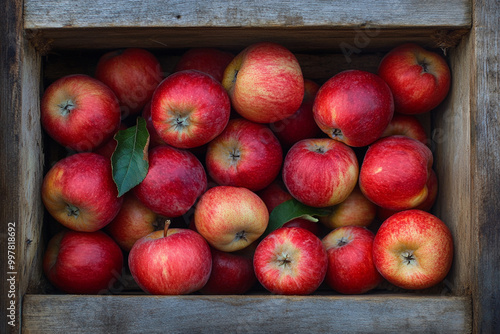 red apples in a wooden box.