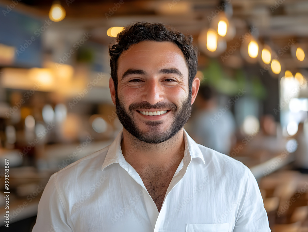 Smiling Young Man with Beard in Casual Indoor Bar Portrait Smiling Young Man with Beard in Casual Indoor Bar Portrait