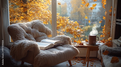 A plush armchair facing a wide window, an open book on the chair and a steaming mug of hot chocolate on the side table, with golden autumn leaves falling from a tree outside. photo