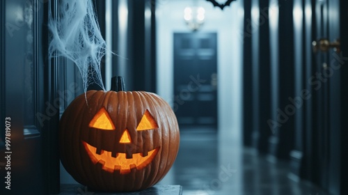 A glowing jack-o'-lantern sits in a spooky hallway decorated with cobwebs, setting a festive Halloween atmosphere.