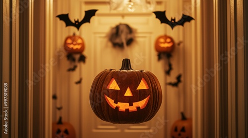 A glowing jack-o'-lantern hangs in a spooky hallway adorned with bats and other Halloween decorations, embracing the festive spirit of the season.