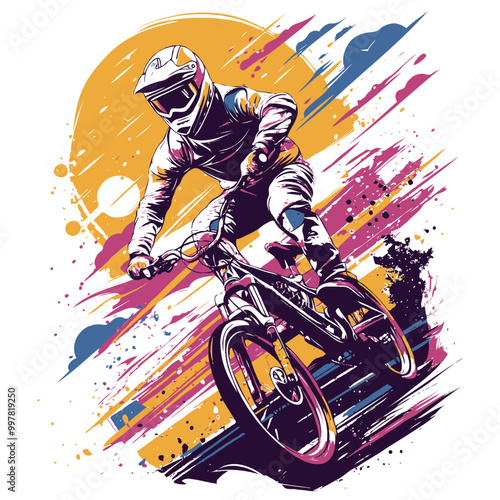 Cyclist making a daring downhill jump, street art style, raw and energetic mood, bright, graffiti-like colors contrasting