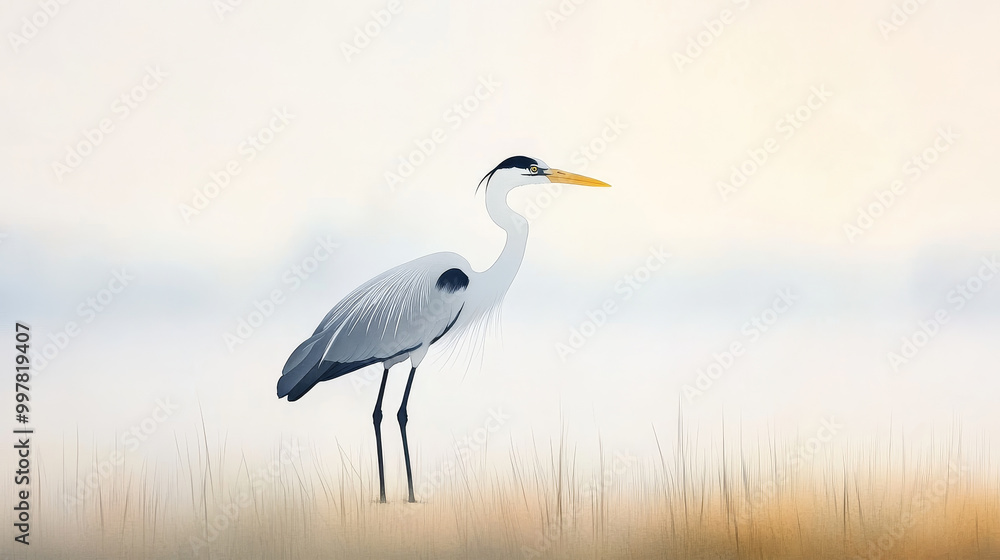 A heron stands gracefully in misty marsh at dawn, surrounded by soft grasses. serene atmosphere evokes sense of tranquility and connection to nature A heron stands gracefully in misty marsh at dawn, surrounded by soft grasses. serene atmosphere evokes sense of tranquility and connection to nature