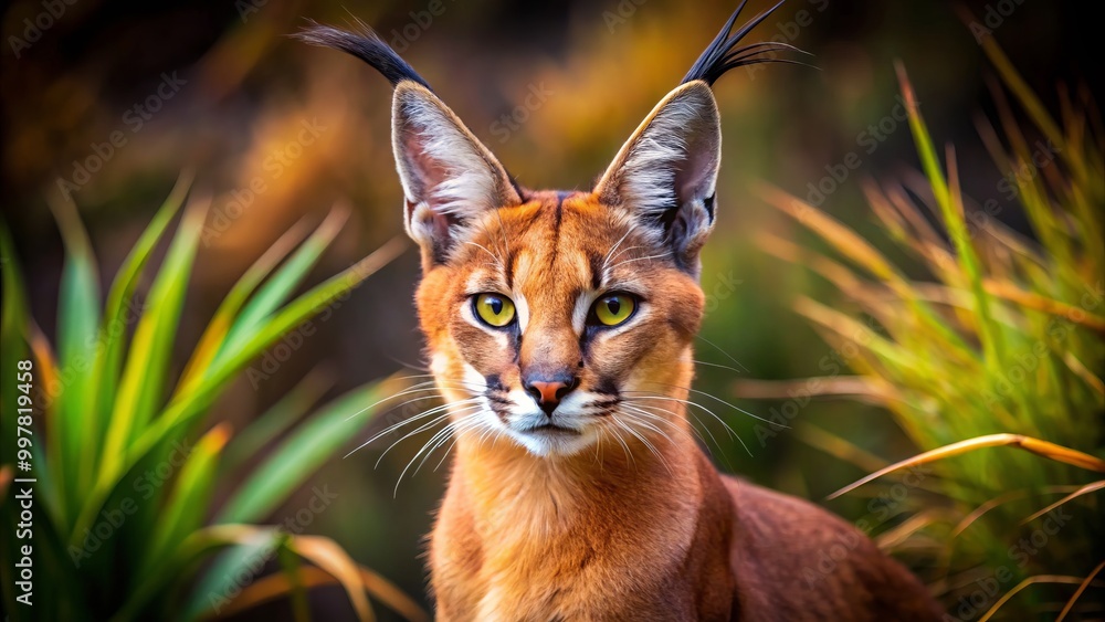 A lively caracal cat showcases its striking ears and beautiful coat as it frolics in its natural habitat, A lively caracal cat showcases its striking ears and beautiful coat as it frolics in its natural habitat,