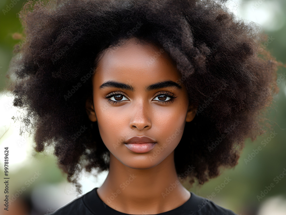 Confident Young Woman with Trendy Afro Hairstyle Smiling in Natural Outdoor Light Artistic Portrait Confident Young Woman with Trendy Afro Hairstyle Smiling in Natural Outdoor Light Artistic Portrait