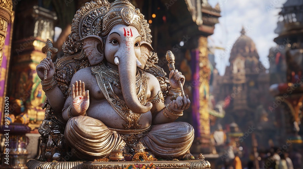 A serene statue of Ganesha adorned with flowers, seated in a majestic temple, symbolizing wisdom and prosperity. A serene statue of Ganesha adorned with flowers, seated in a majestic temple, symbolizing wisdom and prosperity.