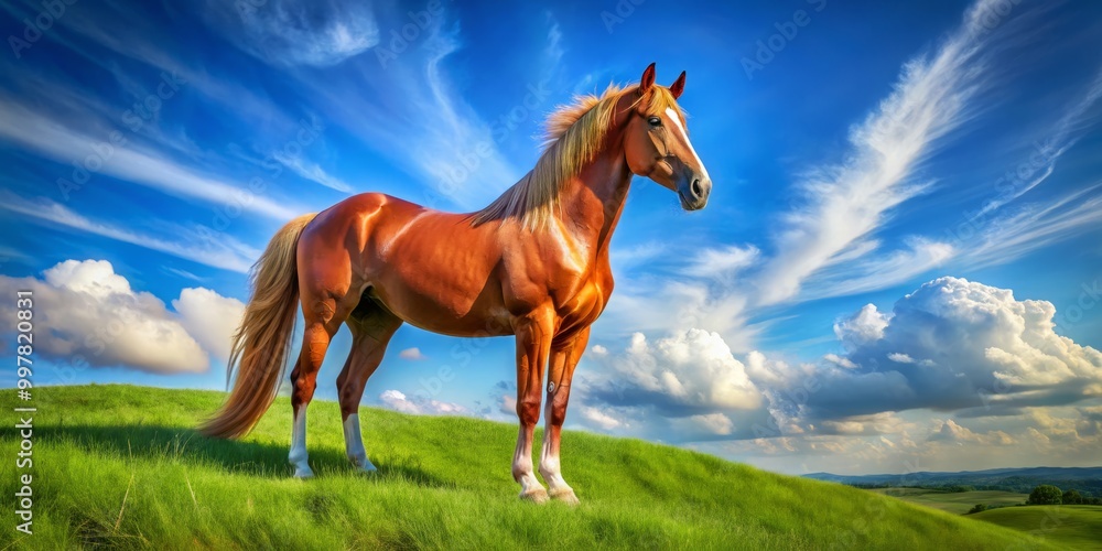 A magnificent Sherdor horse stands elegantly in a vibrant green meadow, basking in the warmth of the sun A magnificent Sherdor horse stands elegantly in a vibrant green meadow, basking in the warmth of the sun