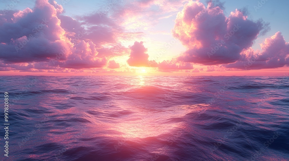 Fototapeta premium Serene sunset over calm ocean waters with vibrant clouds.