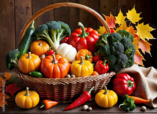 Still life with a variety of autumn vegetables including fresh vegetables such as pumpkins, carrots, red peppers, potatoes and broccoli arranged in a wicker basket on a wooden table.