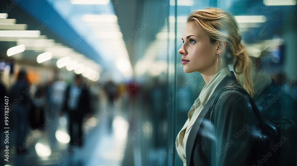 Close-up of a woman looking through a train window enjoying the journey. Close-up of a woman looking through a train window enjoying the journey.