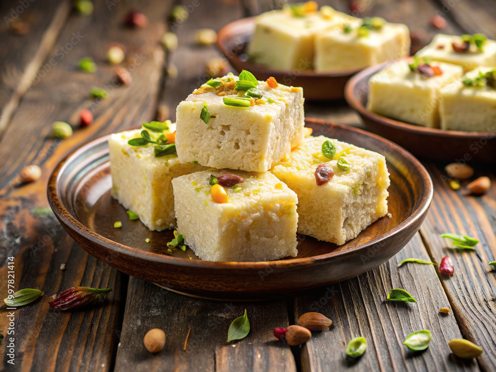 Delicious kalakand dessert squares topped with nuts and herbs, served on wooden plates. This sweet treat is perfect for celebrations and gatherings, offering delightful taste experience Delicious kalakand dessert squares topped with nuts and herbs, served on wooden plates. This sweet treat is perfect for celebrations and gatherings, offering delightful taste experience