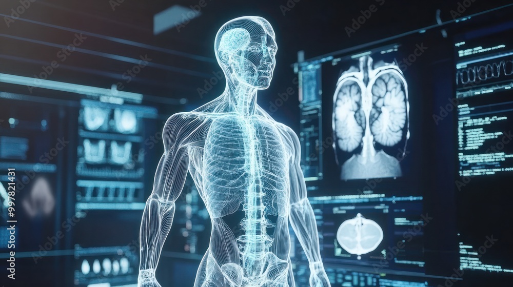 The 3D rendering of a human body scanned for medical blueprints in virtual reality The 3D rendering of a human body scanned for medical blueprints in virtual reality