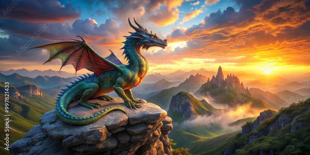 Fototapeta premium A majestic dragon king sits atop a mountain peak, surveying a mystical fantasy realm bathed in the warm