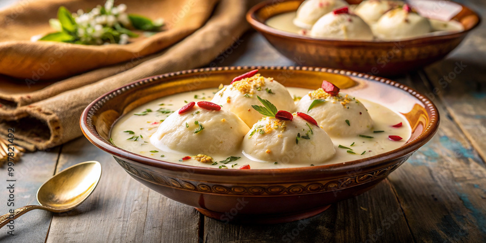 Delight in creamy texture of soft dumplings immersed in rich, sweet yogurt sauce, garnished with nuts and herbs, perfect for festive occasion Delight in creamy texture of soft dumplings immersed in rich, sweet yogurt sauce, garnished with nuts and herbs, perfect for festive occasion