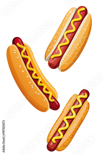 Hot dogs with mustard served in a bun, a popular fast food meal - Vector Illustration