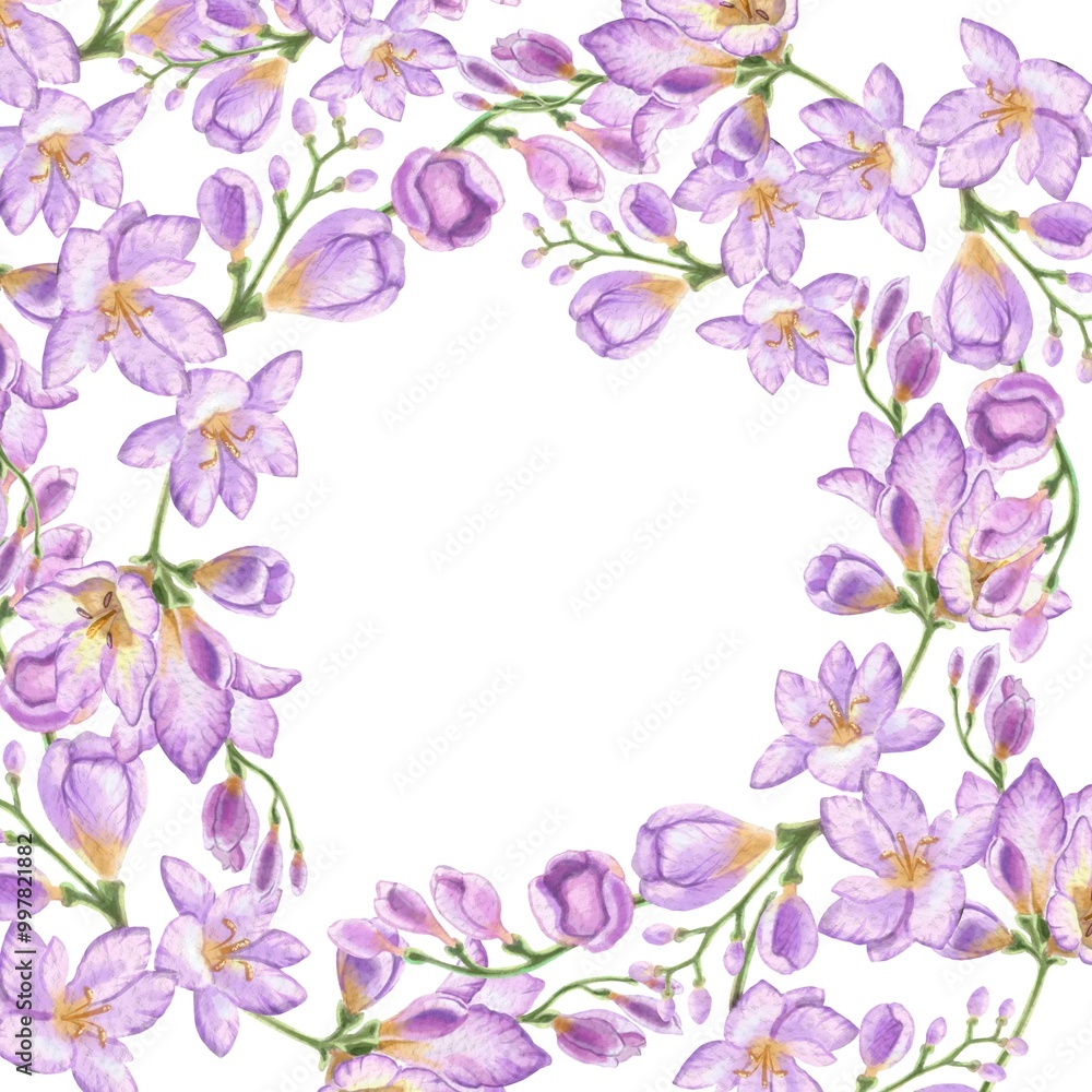 Round frame of freesia flowers. Purple flowers for business cards, invitations to weddings, birthdays. Watercolor illustration in vintage style for design of cosmetics, perfumes and hygiene products Round frame of freesia flowers. Purple flowers for business cards, invitations to weddings, birthdays. Watercolor illustration in vintage style for design of cosmetics, perfumes and hygiene products
