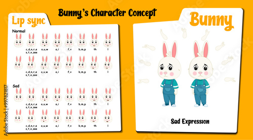 A sad rabbit cartoon character AKA Bunny. Cute rabbit cartoon vector. Sad face expressions and lip sync. Set of cute rabbit with various hand gesture and front and 1/3 standing pose.