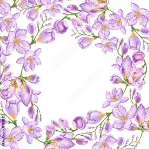 Round frame of freesia flowers. Purple flowers for business cards, invitations to weddings, birthdays. Watercolor illustration in vintage style for design of cosmetics, perfumes and hygiene products