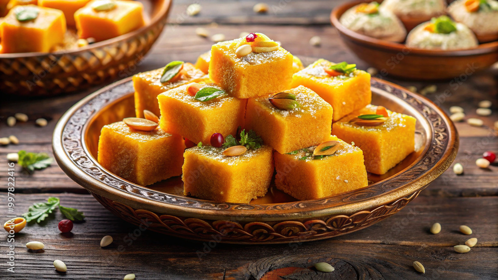 Delicious and colorful Indian sweets arranged beautifully on decorative plate, showcasing tempting dessert made from semolina, garnished with nuts and herbs Delicious and colorful Indian sweets arranged beautifully on decorative plate, showcasing tempting dessert made from semolina, garnished with nuts and herbs