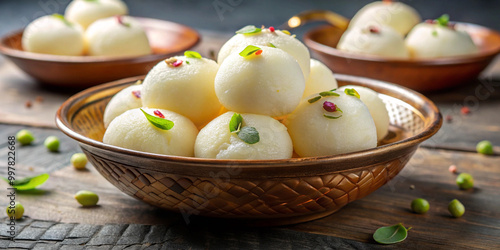 Delicious rasgulla dessert served in traditional bowl, garnished with green leaves and colorful toppings, perfect for celebrations and sweet cravings photo