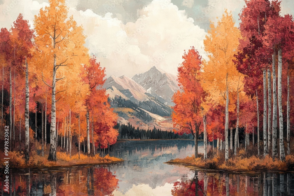 Naklejka premium Autumn Landscape with Colorful Trees and Mountain View