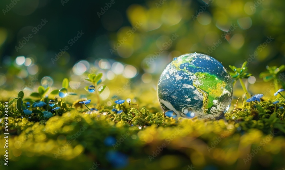 Earth globe on moss with water droplets, nature background, focus on sustainability and environmental awareness, vibrant colors, digital concept of ecology and planet preservation Earth globe on moss with water droplets, nature background, focus on sustainability and environmental awareness, vibrant colors, digital concept of ecology and planet preservation