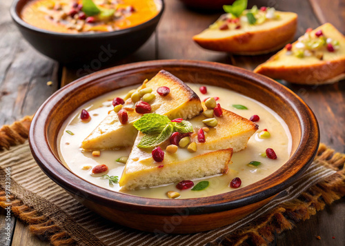 Delight in rich flavors of Shahi Tukda, traditional dessert featuring crispy bread soaked in creamy milk, garnished with pomegranate seeds and nuts photo